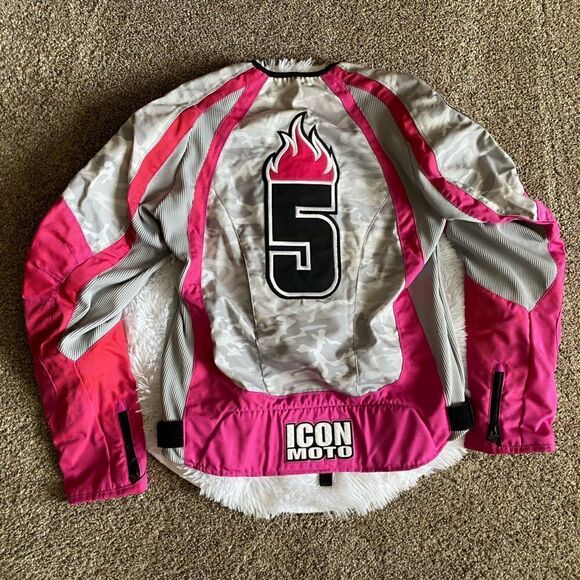 Icon Motorcycle Jacket Pink Padded Number 5 Womens Size XXL - Picture 1 of 16
